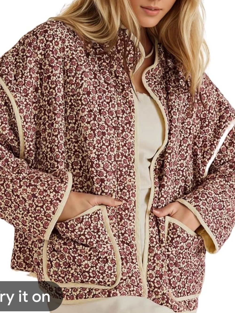 Floral Cropped Puffer Jacket - Burgundy with Cream Trim